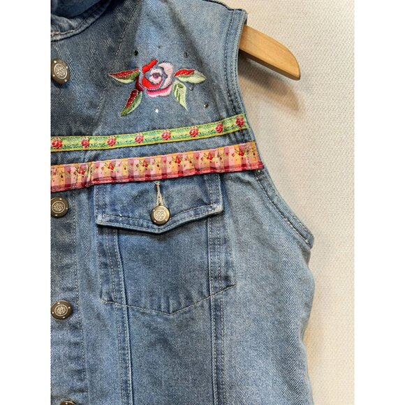 Bill Blass Women's Embroidered Jeans Vest Stretch Denim Size M Blue Sleeveless - Picture 6 of 11